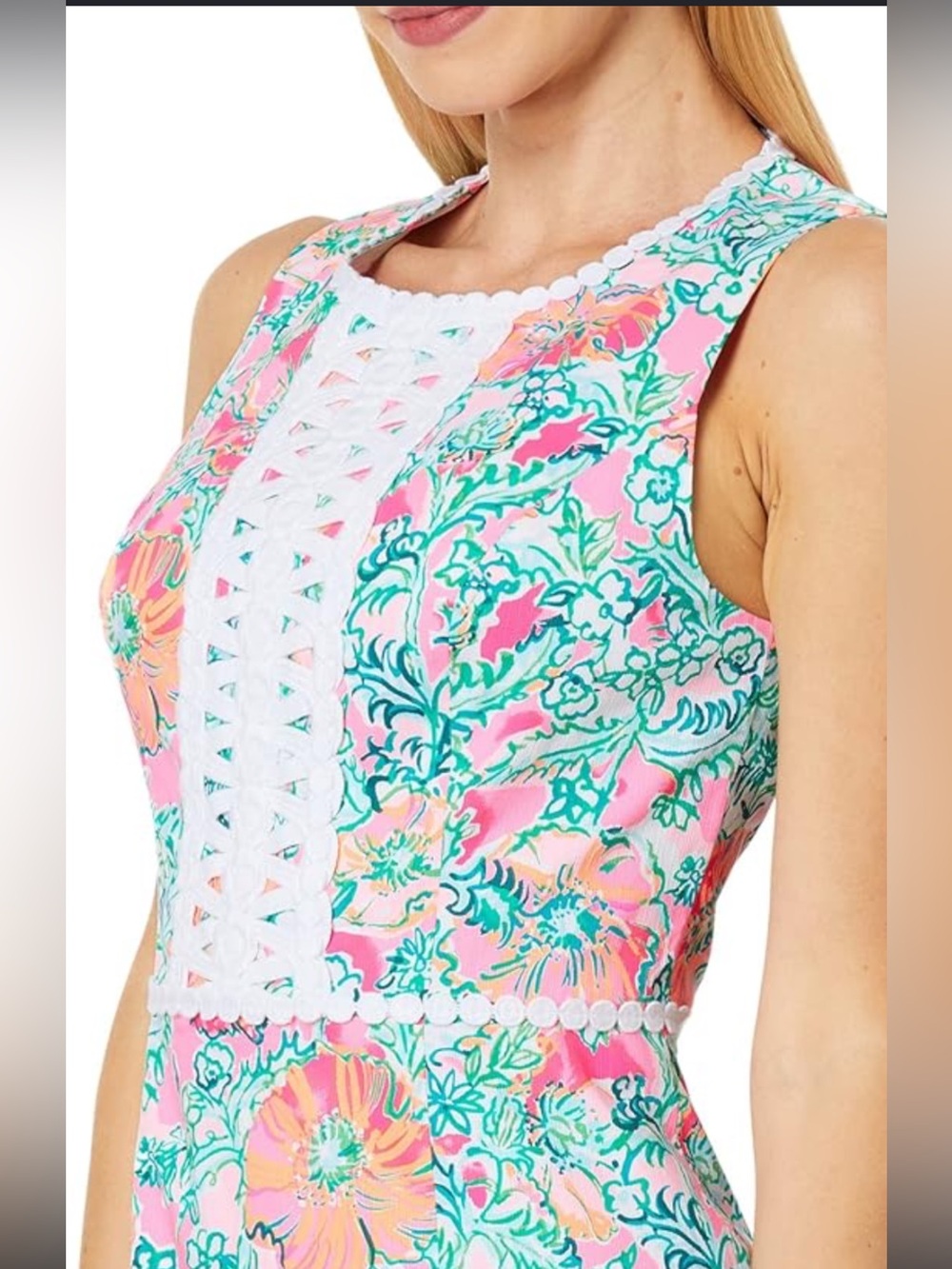 Lilly Pulitzer NWT Size 10 - Pink & Orange Floral Dress with White Lace Trim - Picture 2 of 3